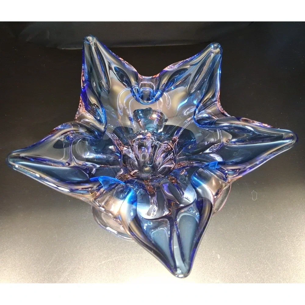 Vintage Murano Sommerso Art Glass Candle Holder, Blue, Clear with Pink Tint